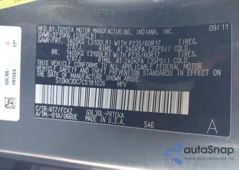 2012 Toyota Sienna Le V6 8 Passenger z USA, uszkodzony, nr VIN 5TDKK3DC7CS181026